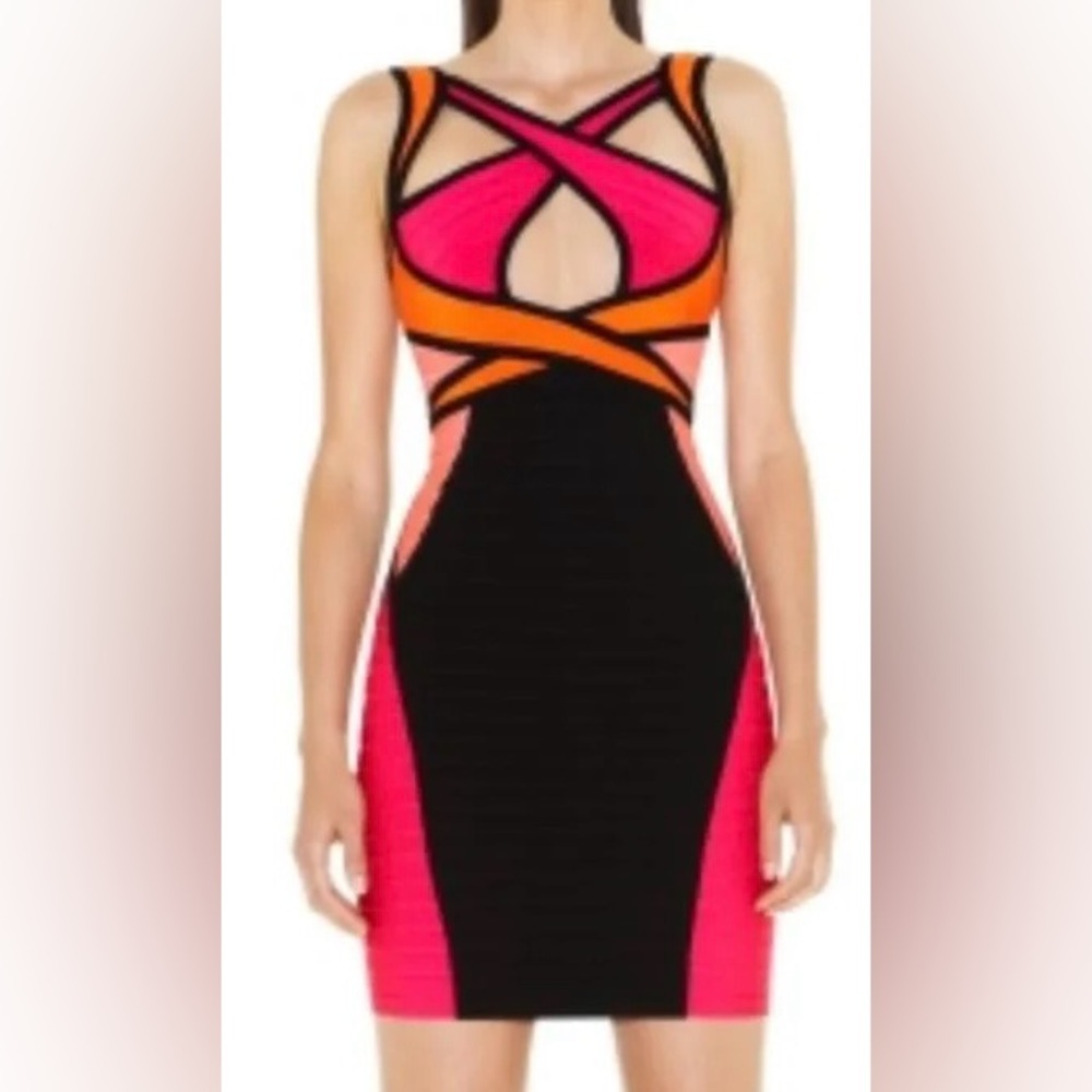 Herve Leger Ginger Criss Cross Color Blocked Dress